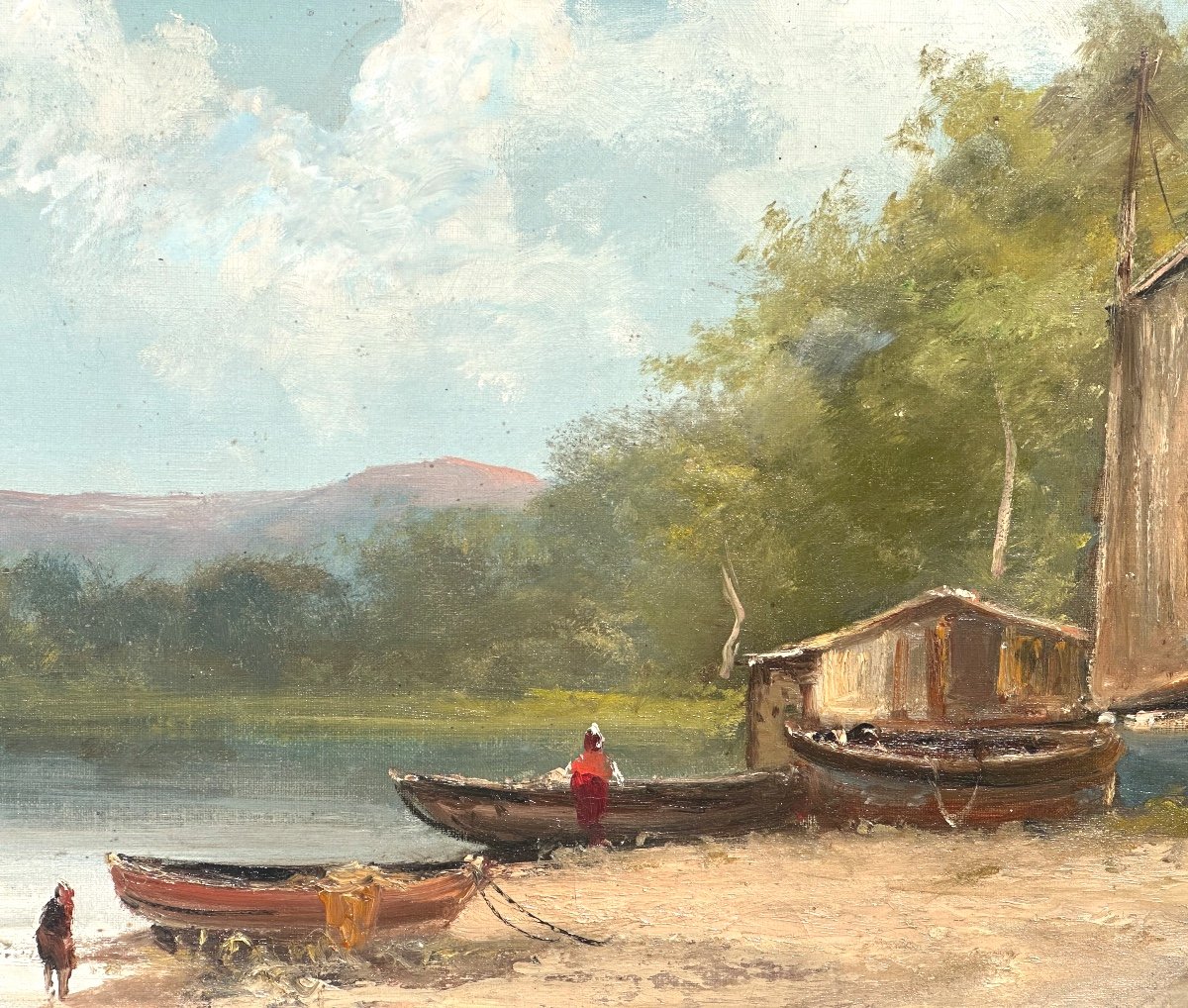 émile GODCHAUX 1860-1938 Grande huile Paysage animé à la barque -photo-1