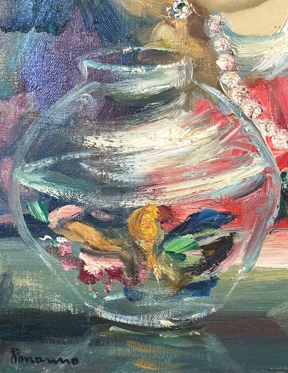 Bonanno 20th Large Oil Girls Fish And Flowers In Paris-photo-2