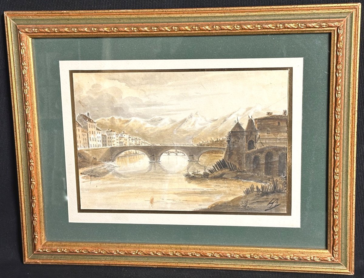 Claude Honoré BACHE 1801-1872 Aquarelle Grenoble Ville et Belledonne signé Isère Dauphiné /3-photo-2