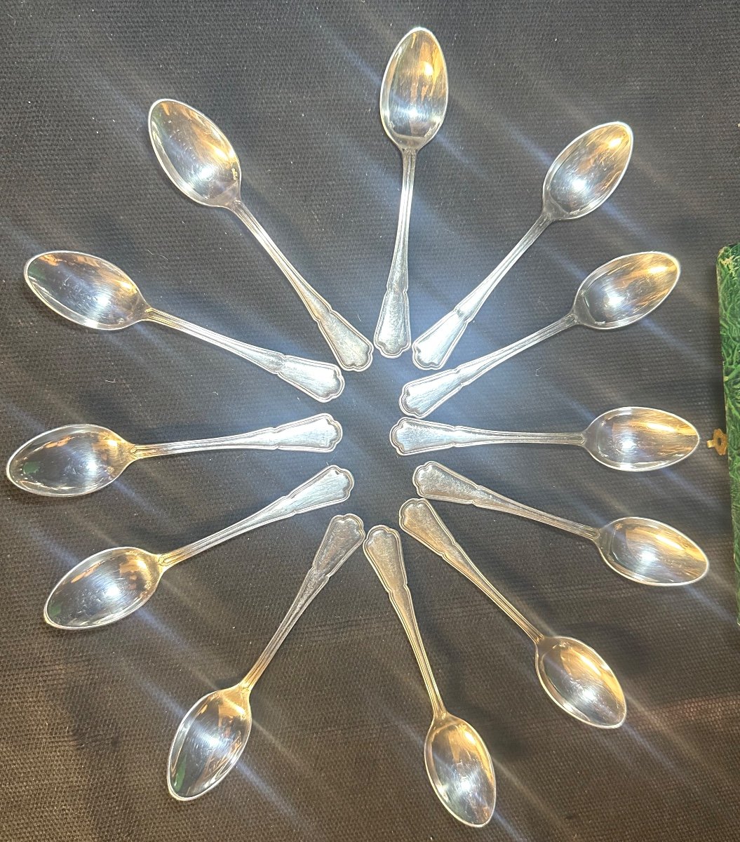Ercuis 12 Moka Spoons In Case Victoria Model Contour In Silver Metal 11cm Tbe /1-photo-4