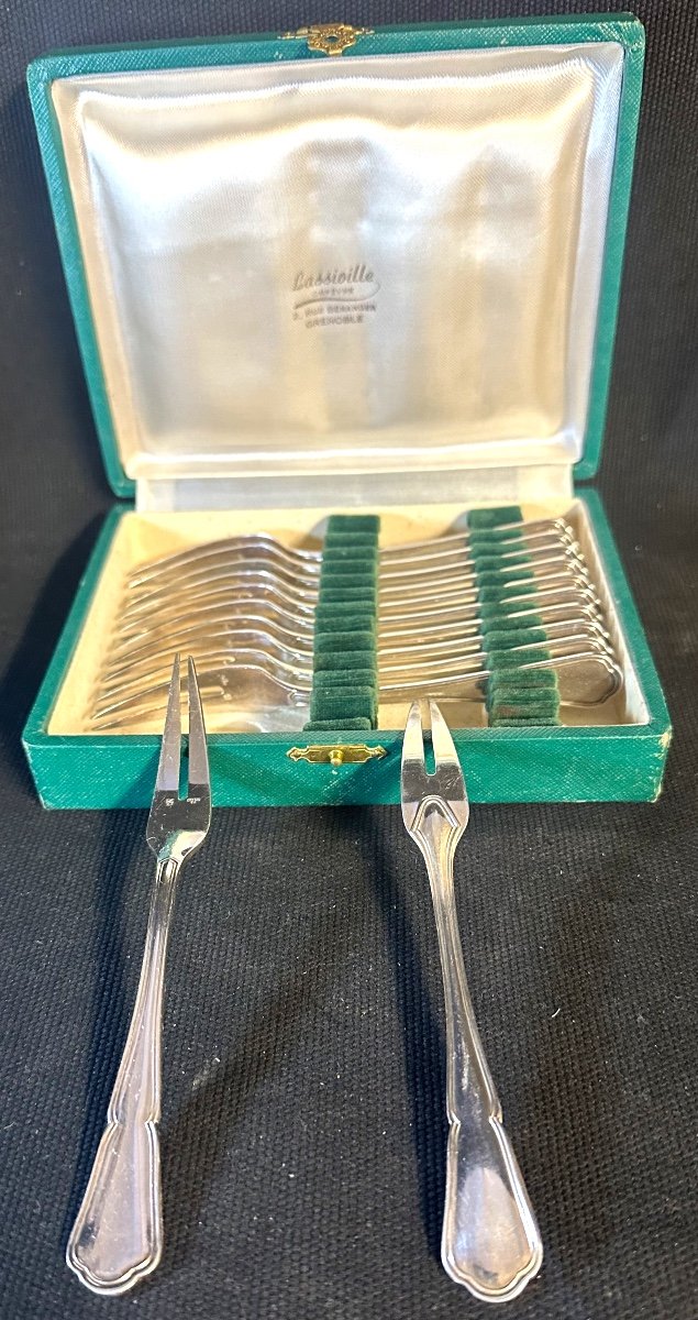 Ercuis 12 Escargot Forks In Case Victoria Model Contour Silver Metal Tbe Escargots 2-photo-3