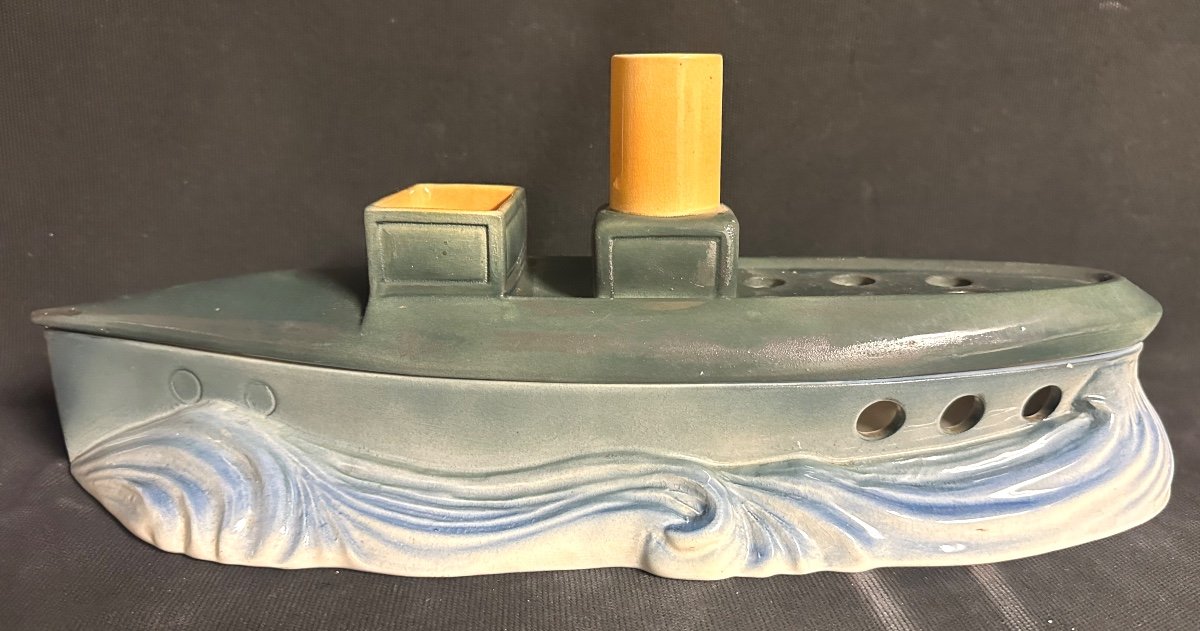 De Bruyn Fives Lille Rare Ceramic Barbotine Boat Centerpiece Signed Museum Collection 