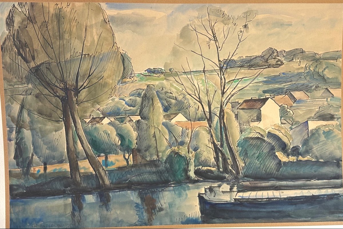 Clément Serveau Large Art Deco Watercolor 1935 Landscape Canal And Barge Clement-serveau Cubist-photo-2