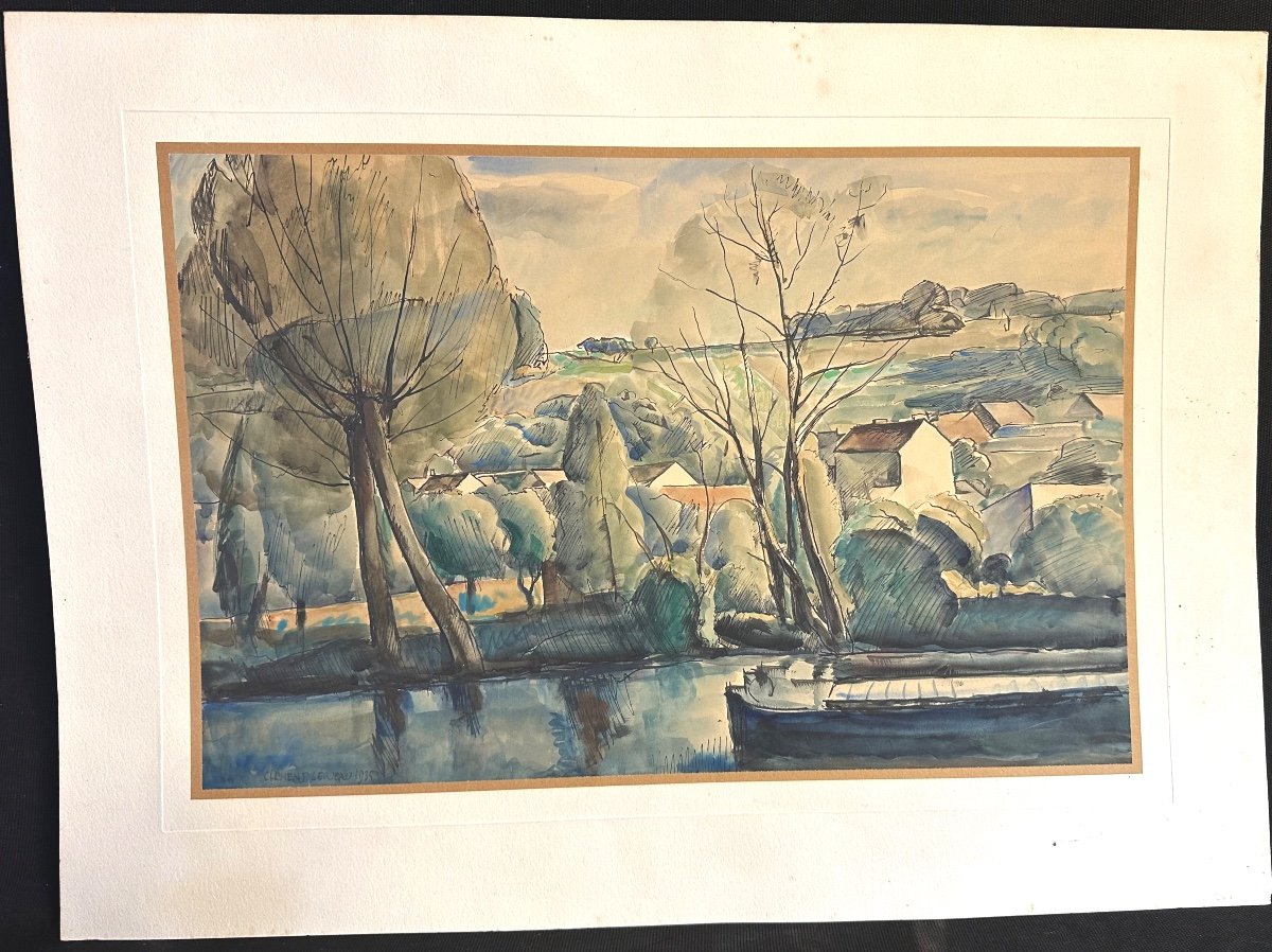 Clément Serveau Large Art Deco Watercolor 1935 Landscape Canal And Barge Clement-serveau Cubist-photo-3