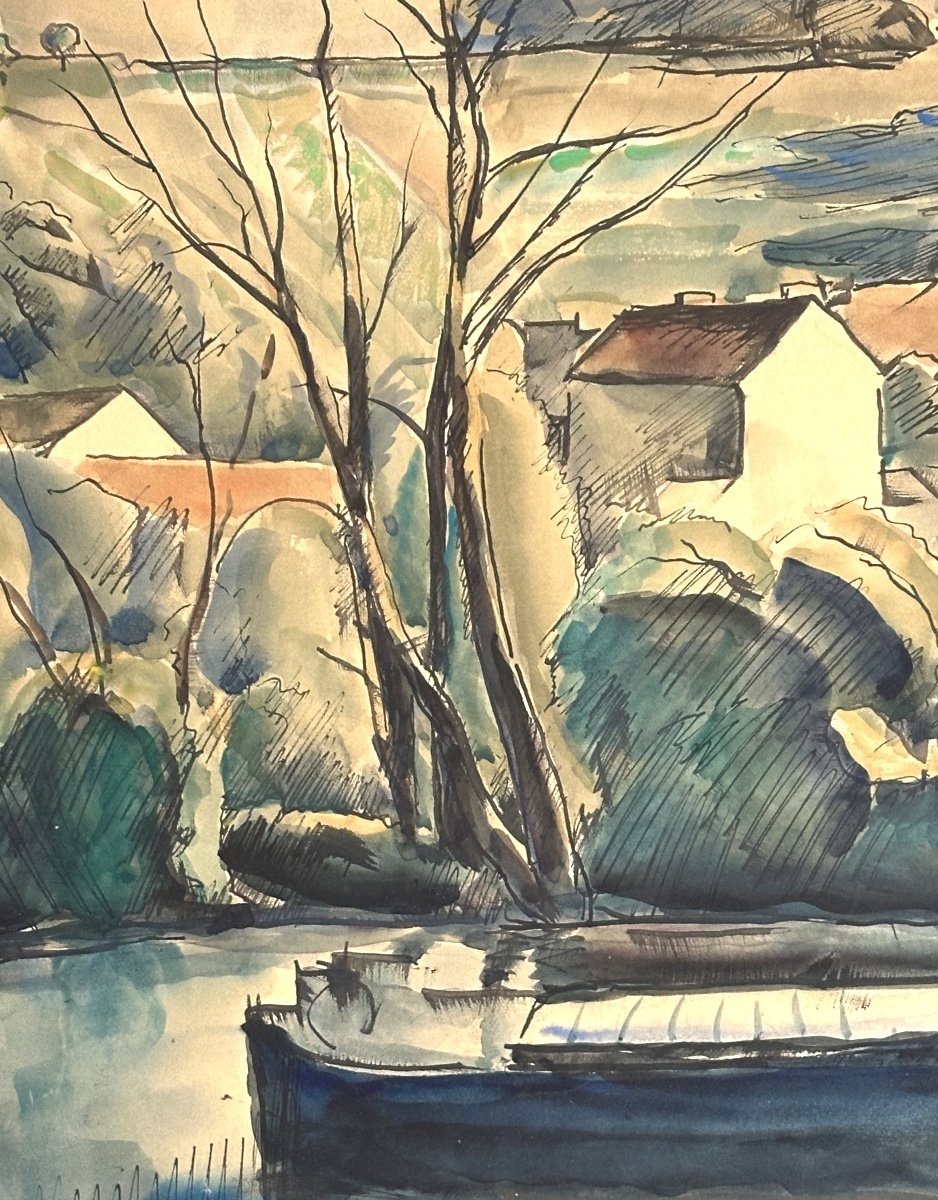 Clément Serveau Large Art Deco Watercolor 1935 Landscape Canal And Barge Clement-serveau Cubist-photo-2