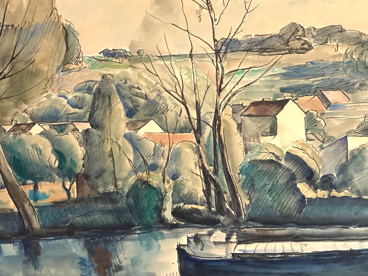Clément Serveau Large Art Deco Watercolor 1935 Landscape Canal And Barge Clement-serveau Cubist