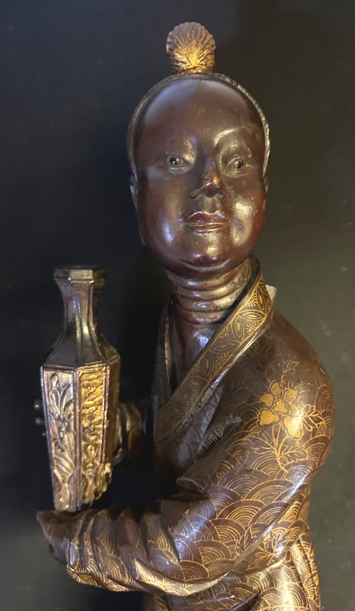 China Large 19th Century Sculpture 93cm In Lacquered Wood And Sulphide Eyes -photo-1