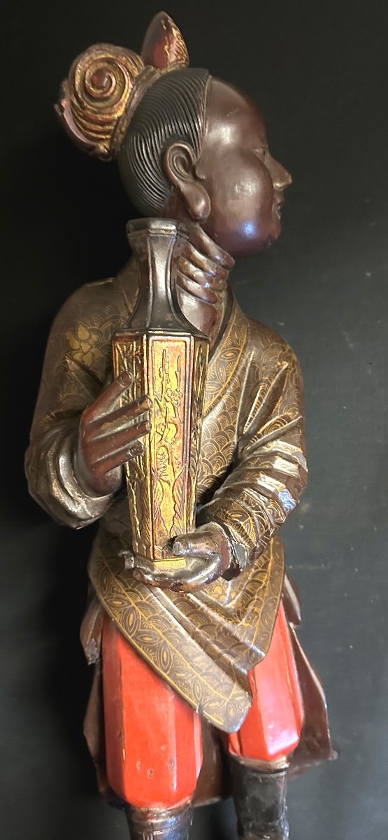 China Large 19th Century Sculpture 93cm In Lacquered Wood And Sulphide Eyes -photo-4