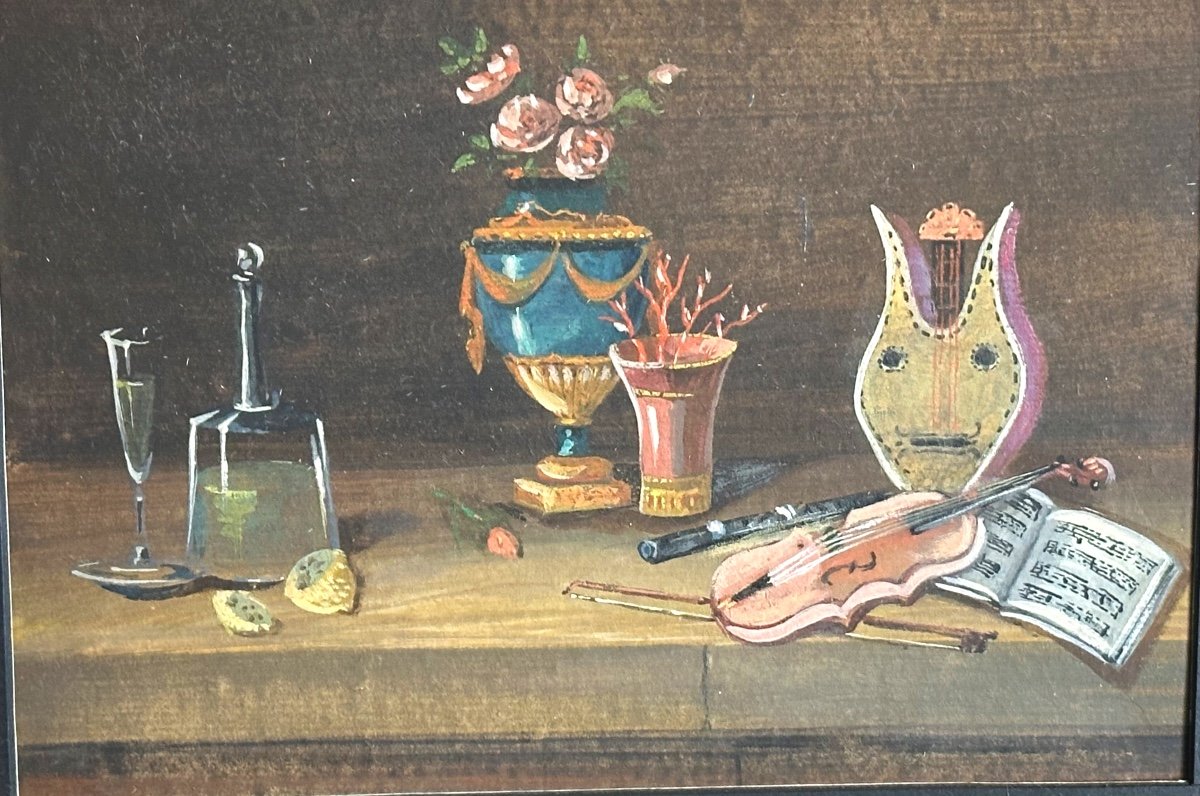 Johann Rudolf FEYERABEND dit LELONG 1779-1814 Nature morte aux instruments de musique Gouache 1
