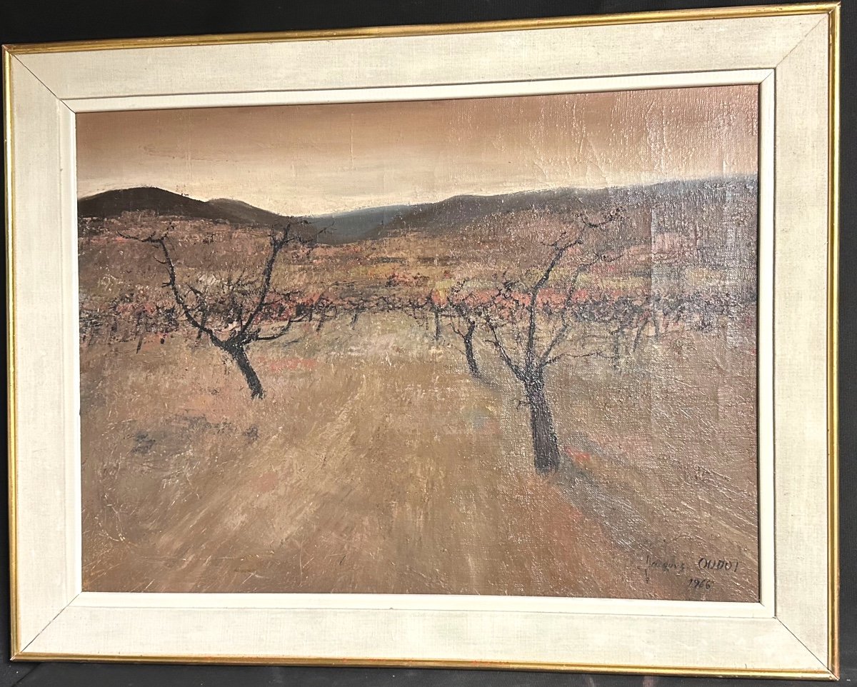 Jacques Oudot 1938-2007 Large Oil Peach Trees In Bloom 1966 Lyon-photo-2