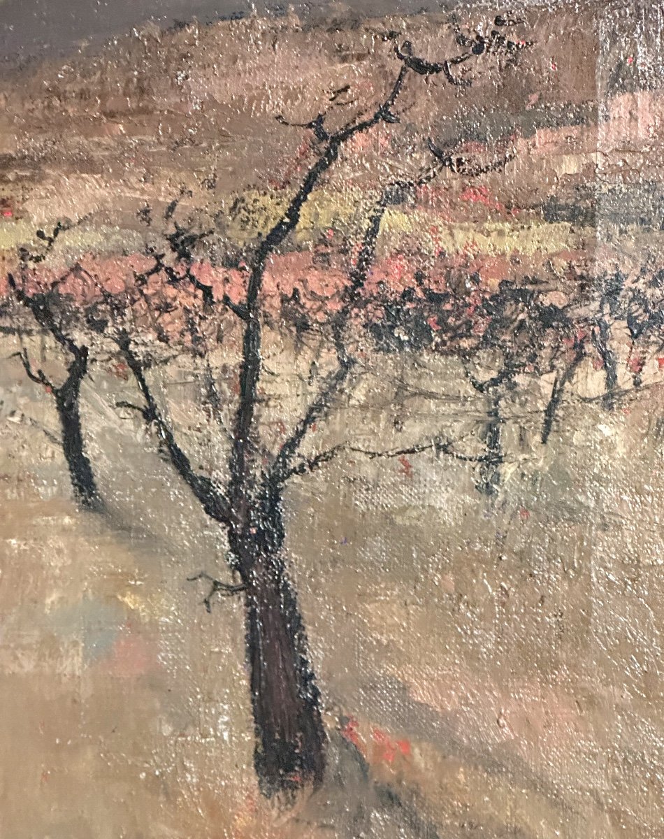 Jacques Oudot 1938-2007 Large Oil Peach Trees In Bloom 1966 Lyon-photo-4
