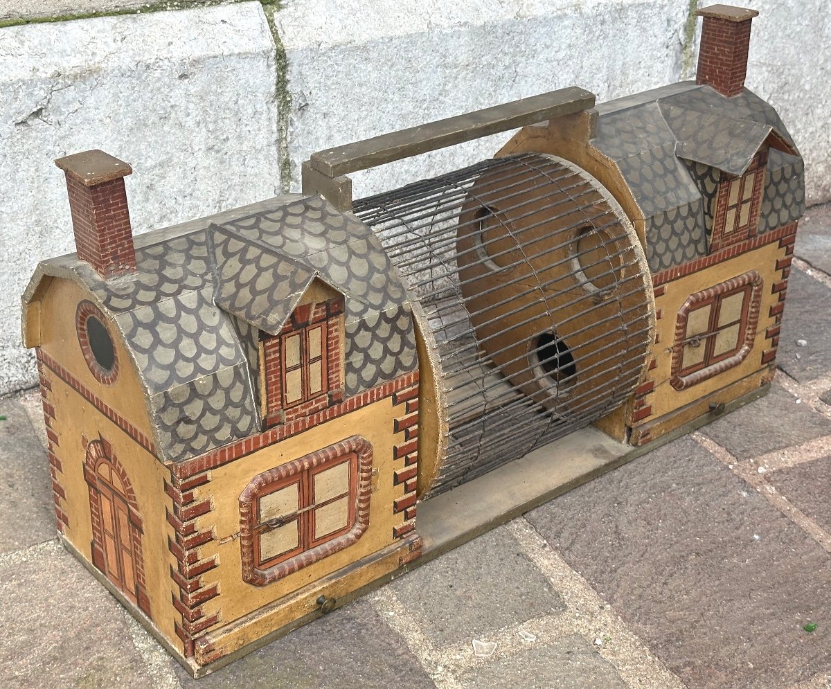 RARE cage à écureuils hamster loir Curiosité fin XIXe tourniquet entre 2 maisons Très bon état -photo-6
