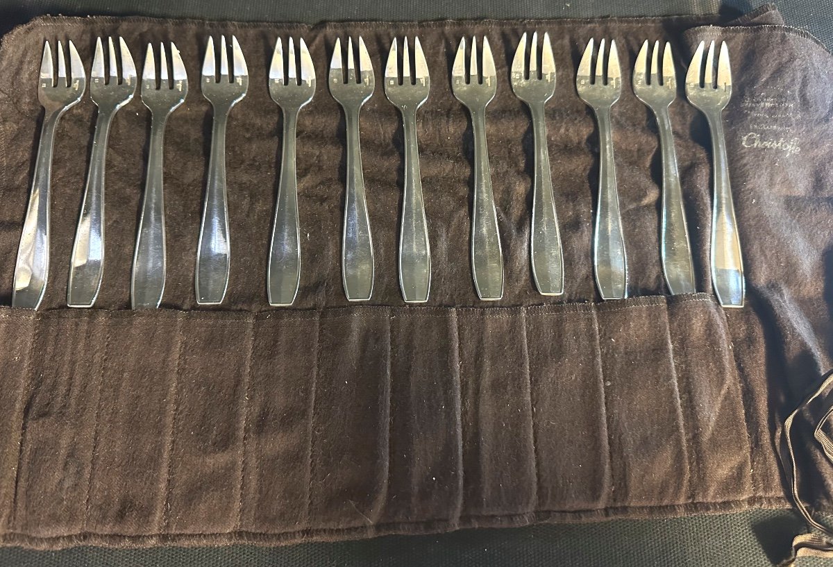 Christofle Atlas Model By Luc Lanel 12 Art Deco Oyster Forks 1935 Normandy /1-photo-2