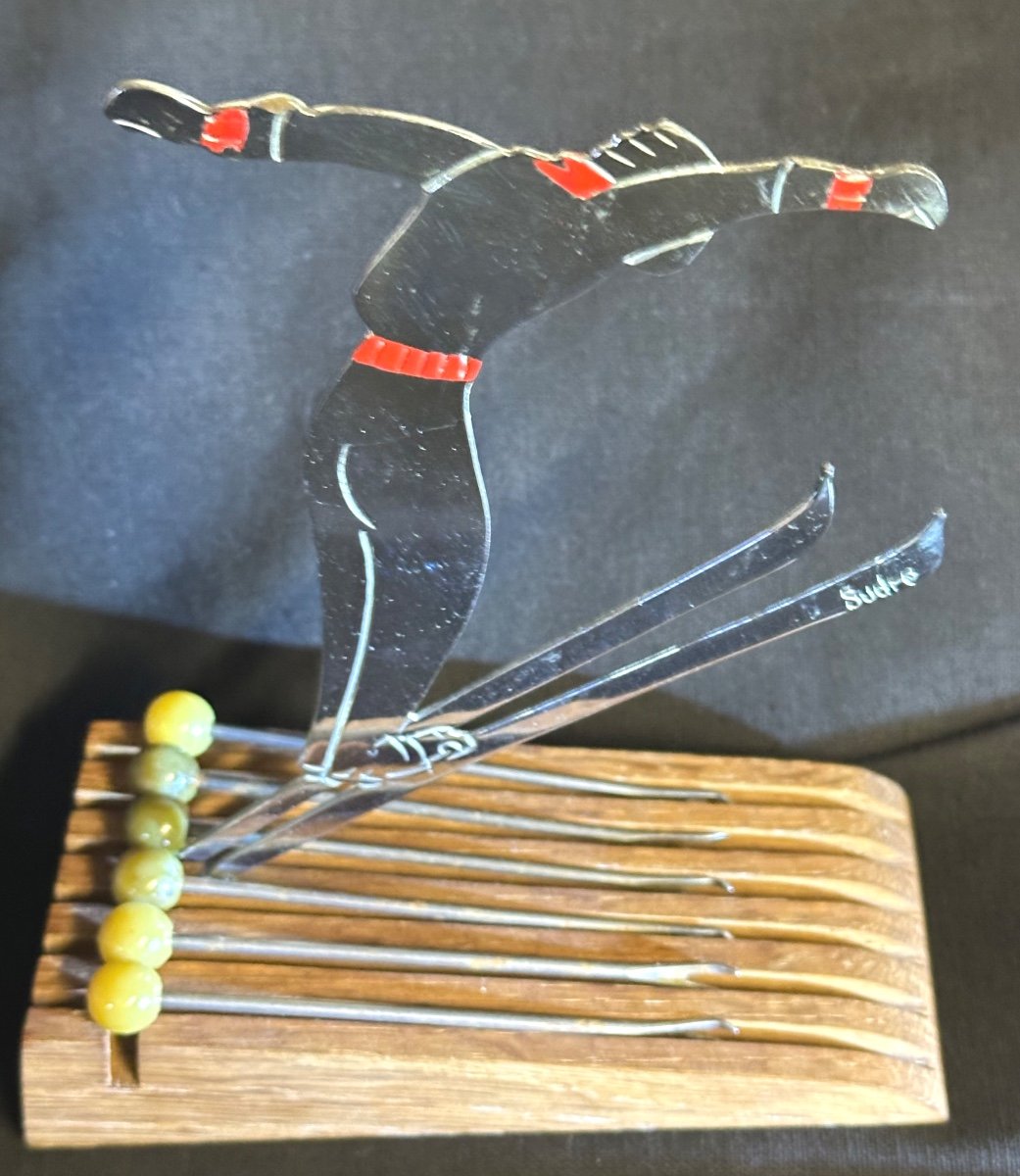 Skier 1930 Signed Sudre Carries Cocktail Picks Aperitif Bar Or Snails Art Deco Ski-photo-2