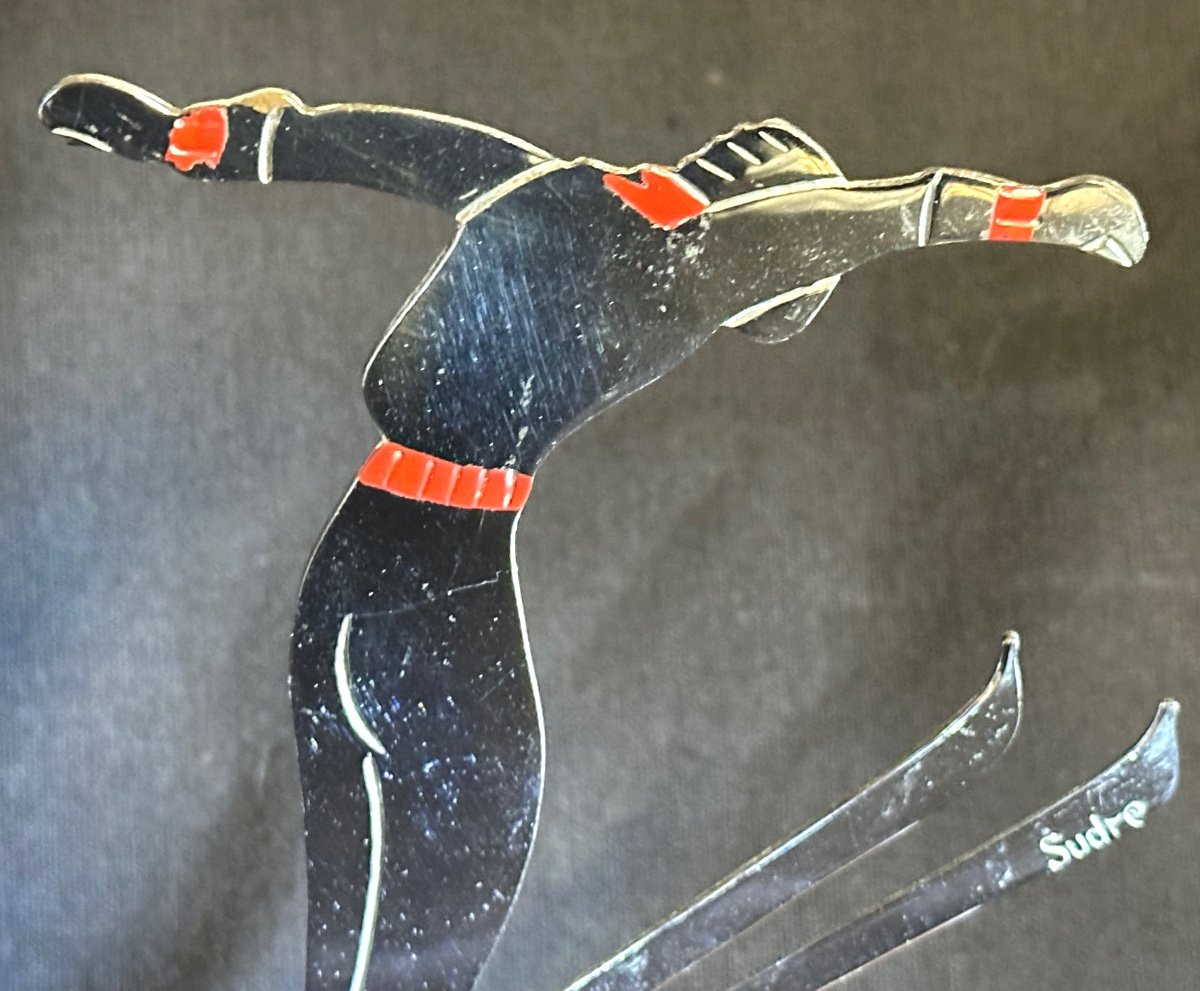 Skier 1930 Signed Sudre Carries Cocktail Picks Aperitif Bar Or Snails Art Deco Ski-photo-2