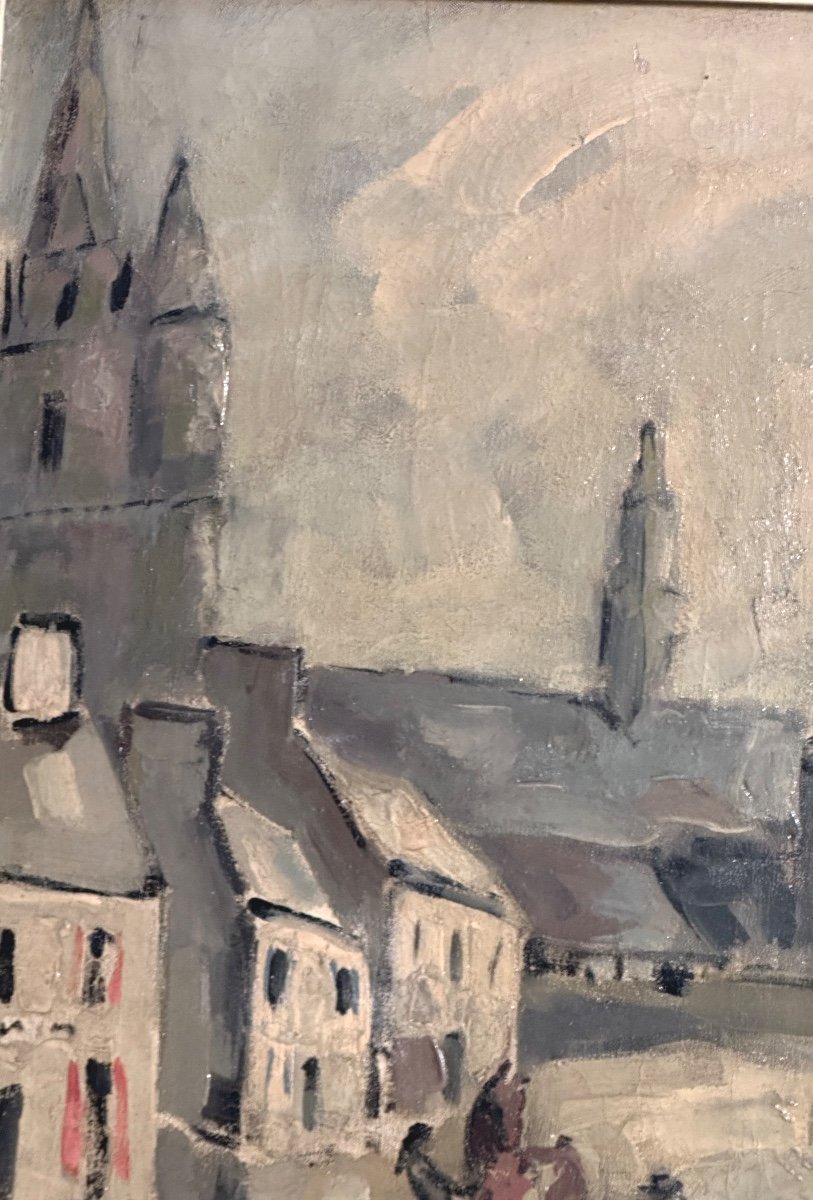 20th Century Oil Signed? Lively Village Square -photo-4