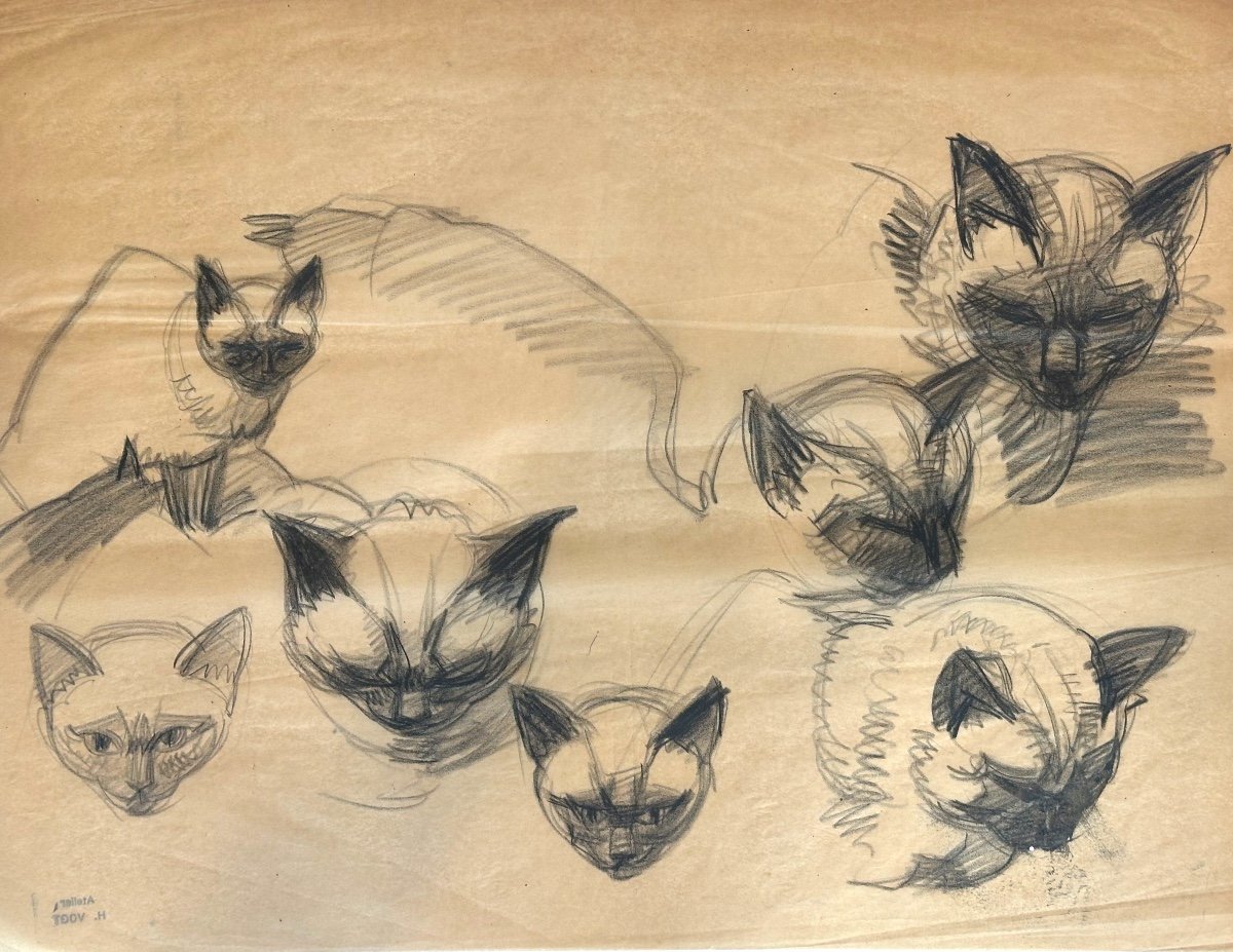 Hélène Vogt 1902-1994 Large Charcoal 7 Cat Heads Signed Art Deco Style Cat /1
