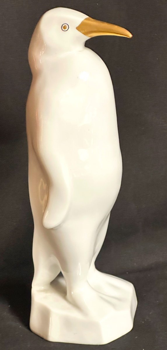 Ancien Pingouin Art Deco en porcelaine blanc et or  signé Hollohaza Manufacture Hongrie /1-photo-2