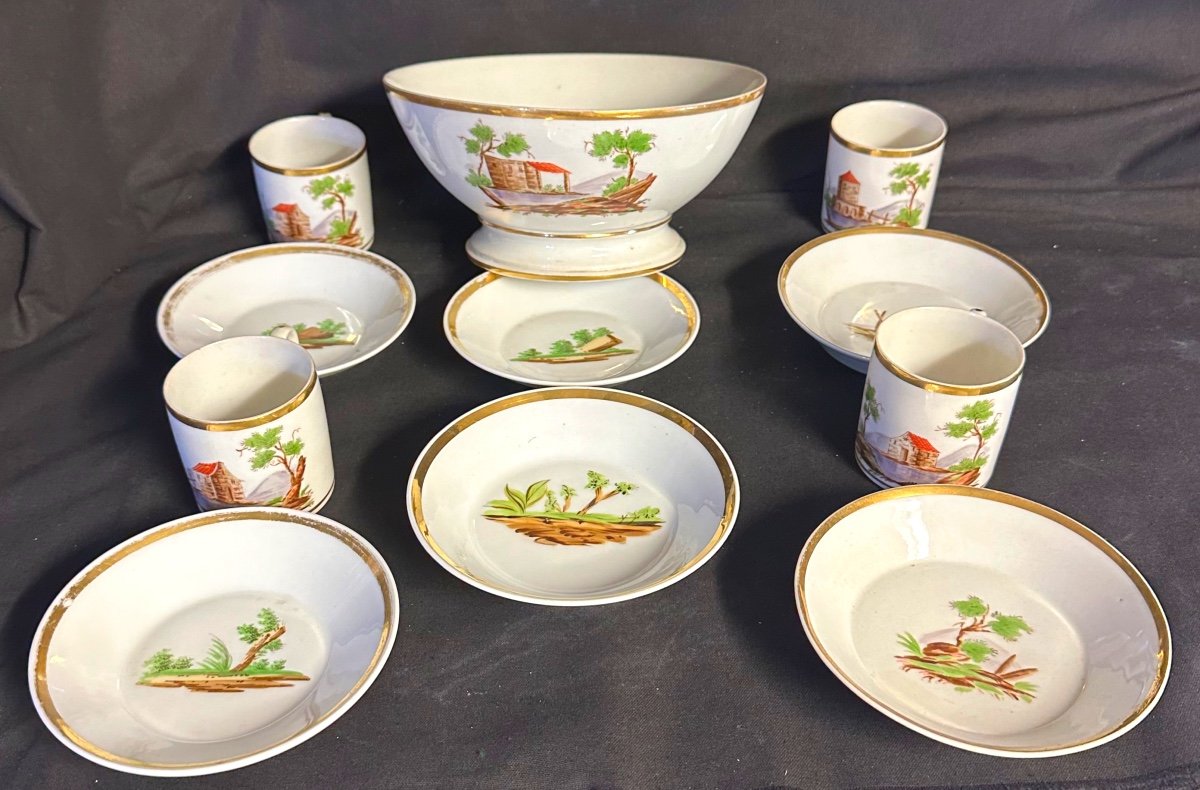 Early 19th Century Painted Porcelain Service 1 Bowl 4 Cups With Saucers And 2 Bowls-photo-3