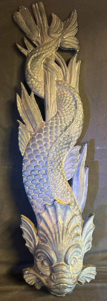 Dauphin XIXe en applique pour fontaine ou bassin en bas relief 90cm