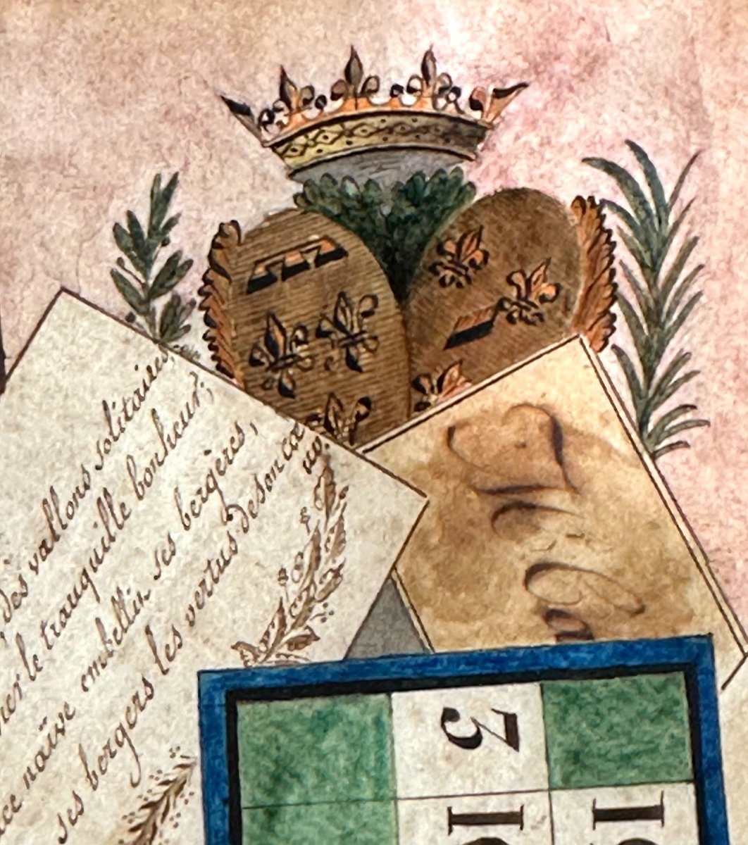 Aquarelle Trompe-l’œil 1823 Jeux cartes lettres damier et blason Fils Enfant de France Royauté -photo-4