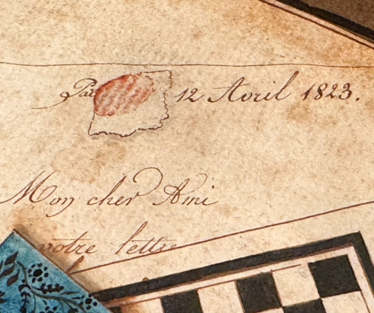 Aquarelle Trompe-l’œil 1823 Jeux cartes lettres damier et blason Fils Enfant de France Royauté -photo-1