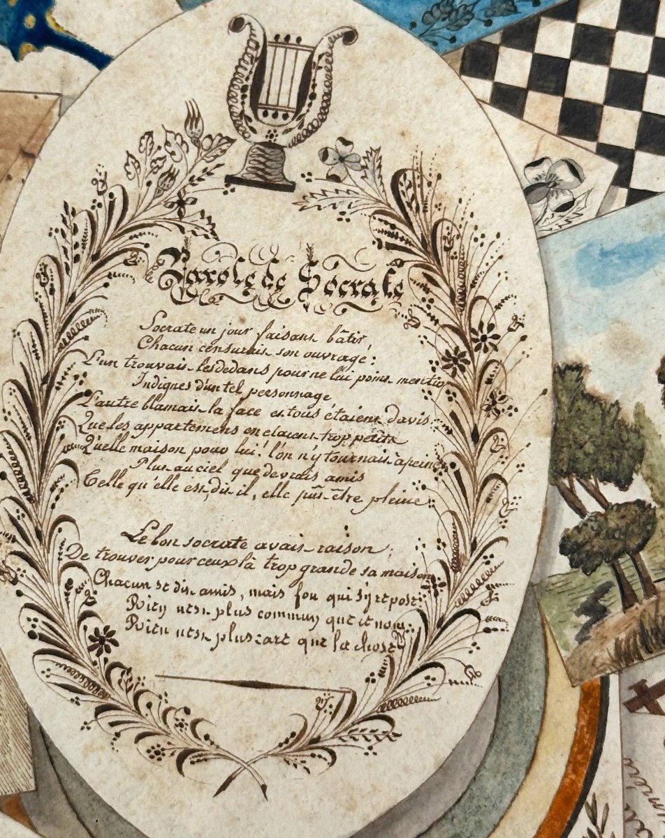 Aquarelle Trompe-l’œil 1823 Jeux cartes lettres damier et blason Fils Enfant de France Royauté -photo-3