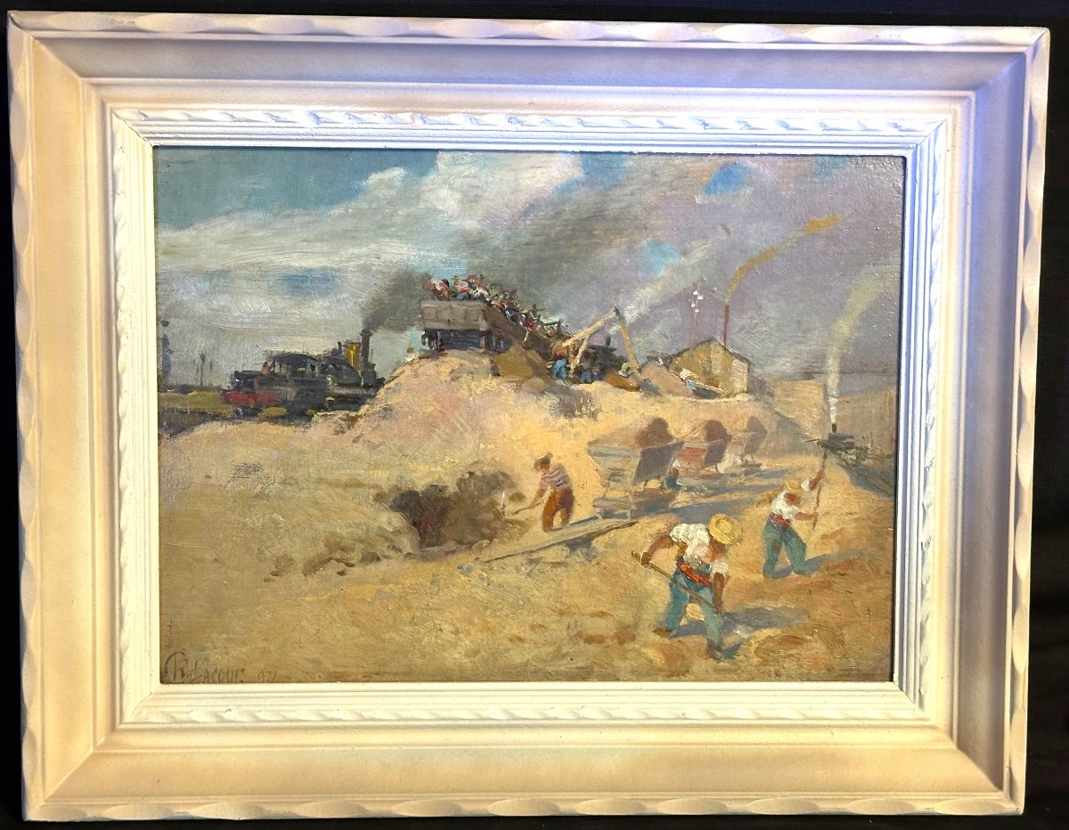 Charles Lacour 1861-1941 Lyon Huile Construction Du Canal De Jonage Vaux En Velin Rhône Decines-photo-2