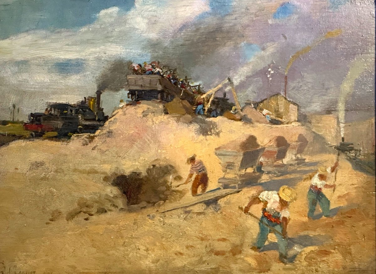 Charles Lacour 1861-1941 Lyon Huile Construction Du Canal De Jonage Vaux En Velin Rhône Decines-photo-1