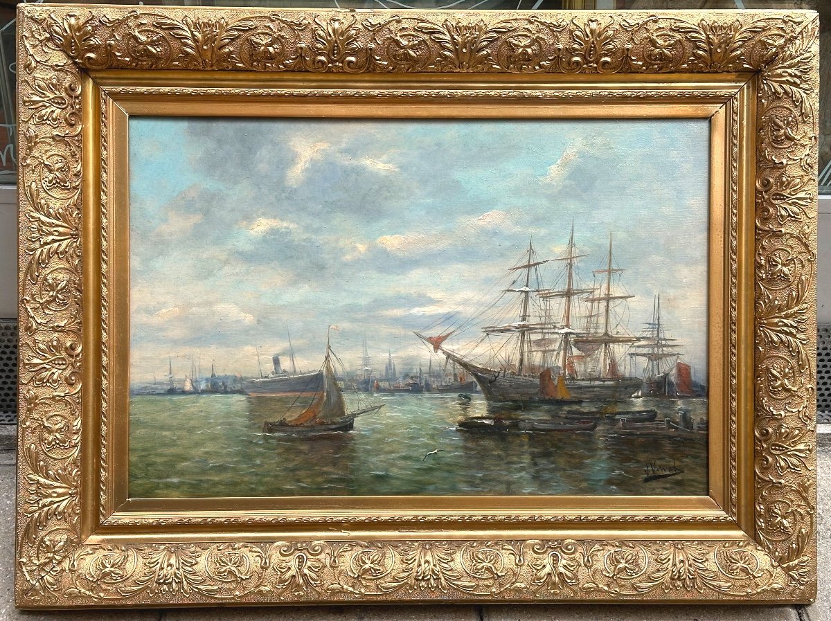 Jan VERVAT Hollande GRANDE Huile Marine Port avec voiliers 
