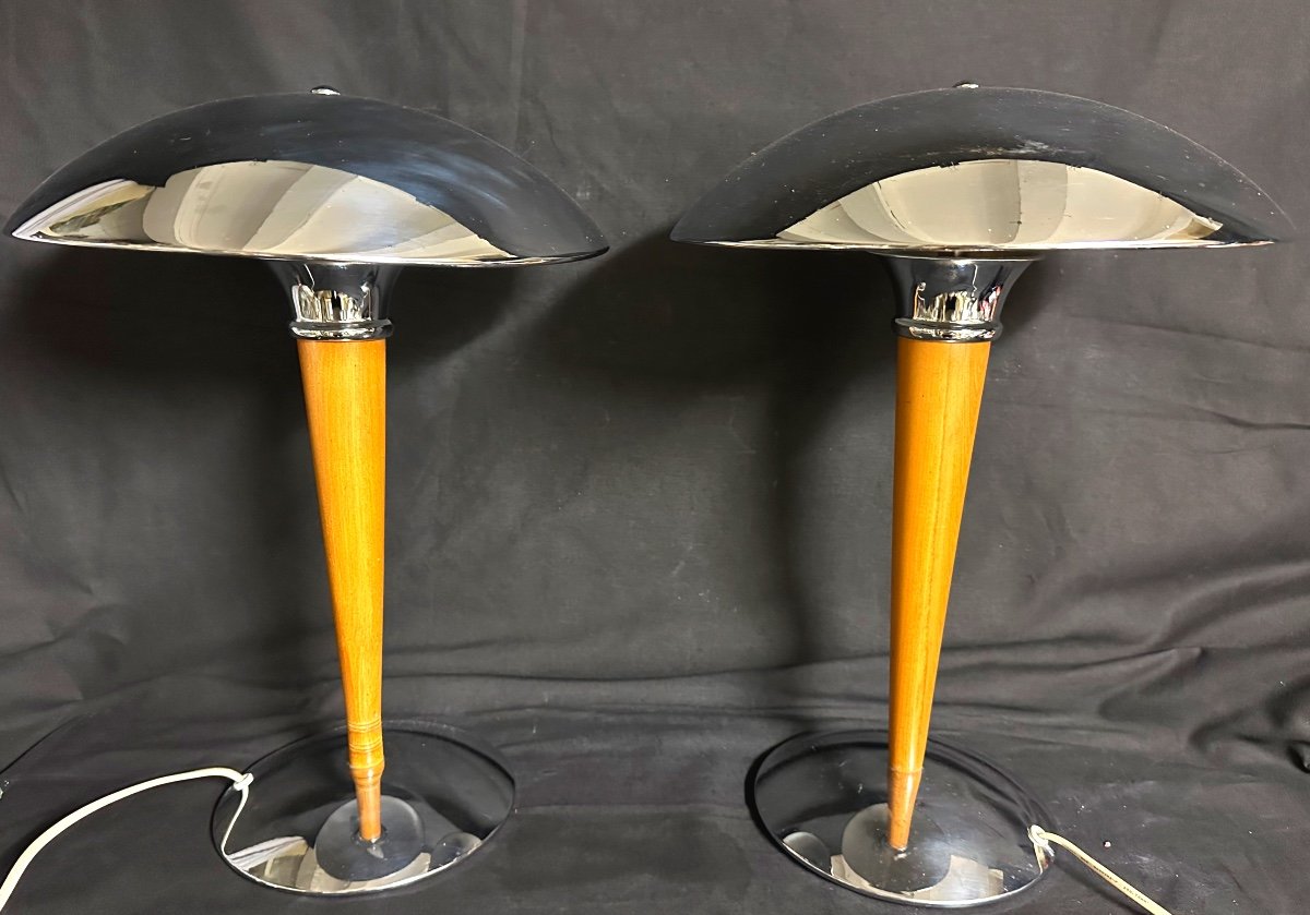 Paire de lampes champignon dites de Paquebot en chrome argenté 44cm 1970 -photo-2