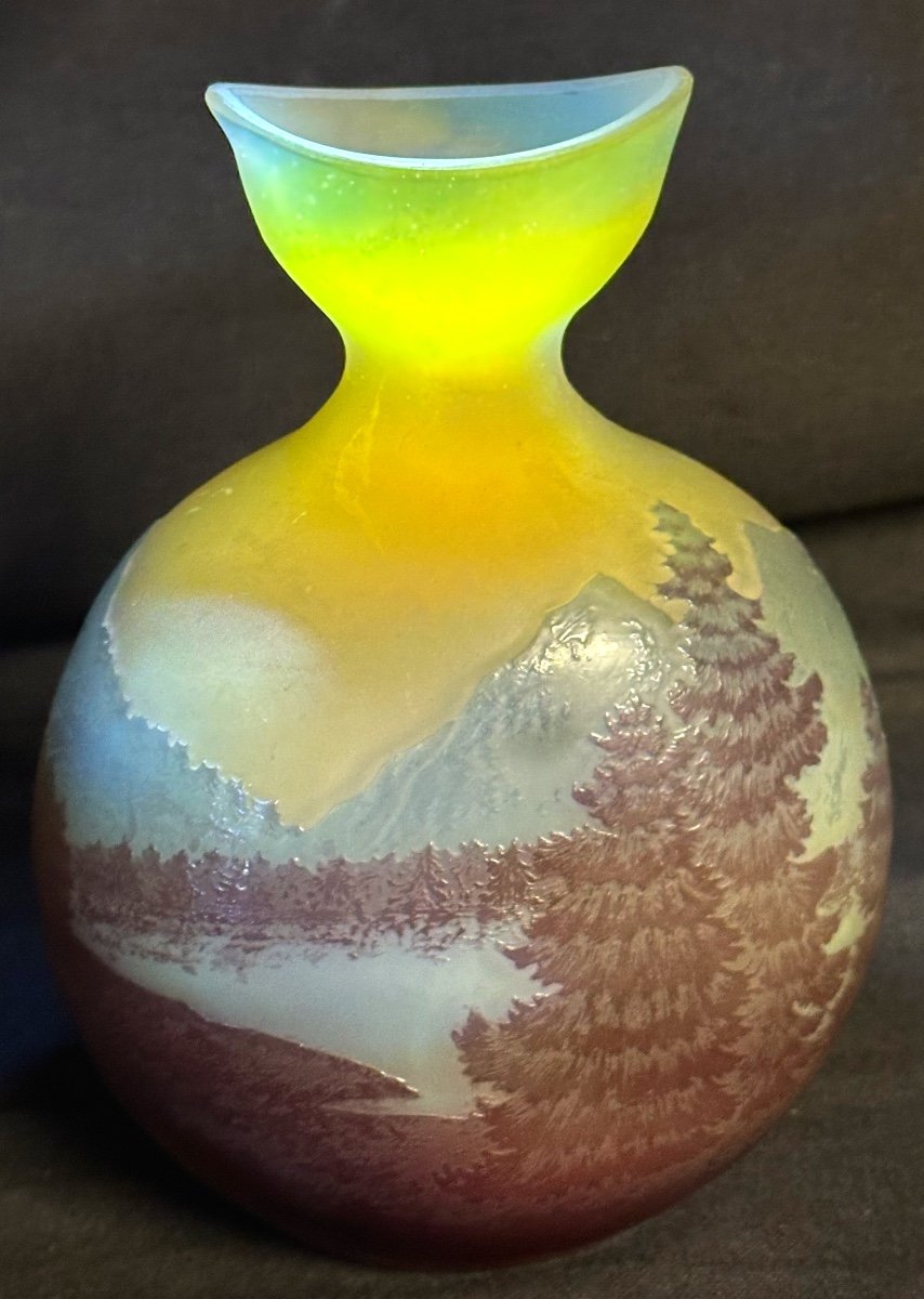 Emile Gallé Rare Vase With Vosges Landscape Decor Signed Lake Mountains Blue Line Of The Vosges-photo-5