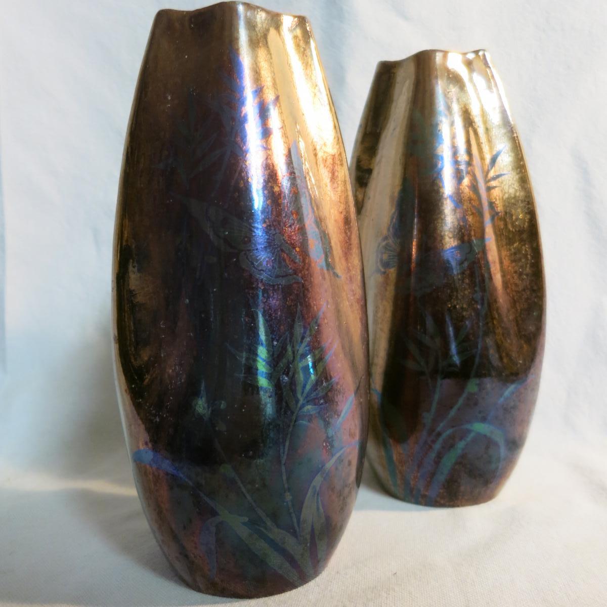 Vases Pair Jean Gaziello In Vallauris Decor Butterfly Iridescent-photo-6