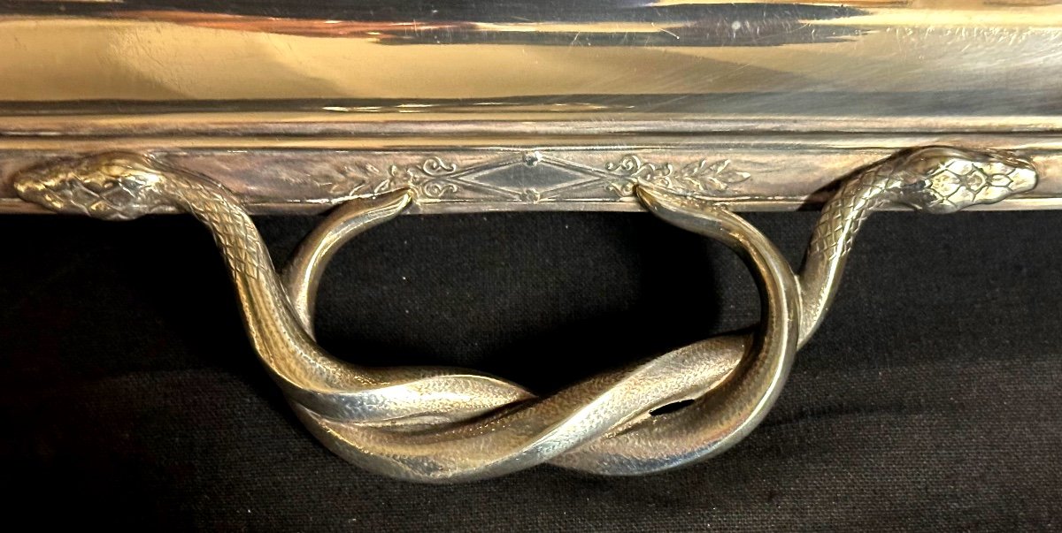 CHRISTOFLE RARE plateau aux serpents XIXe style Empire métal argenté Numéroté FB BF  Art table-photo-4