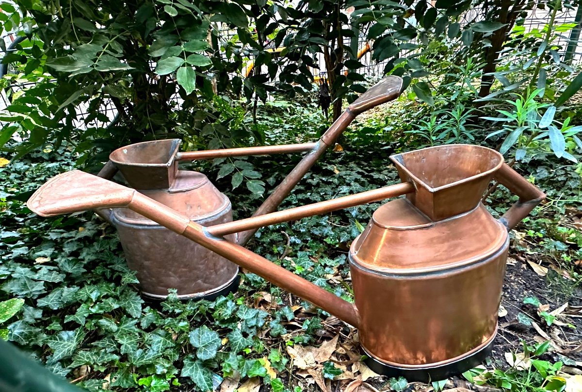 Rare Pair Of 19th Century Copper Watering Cans In Very Good Condition Garden X2 Watering Can-photo-3