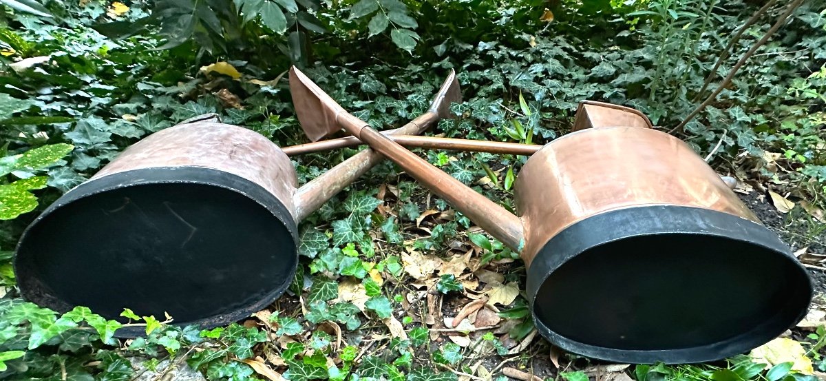 Rare Pair Of 19th Century Copper Watering Cans In Very Good Condition Garden X2 Watering Can-photo-4