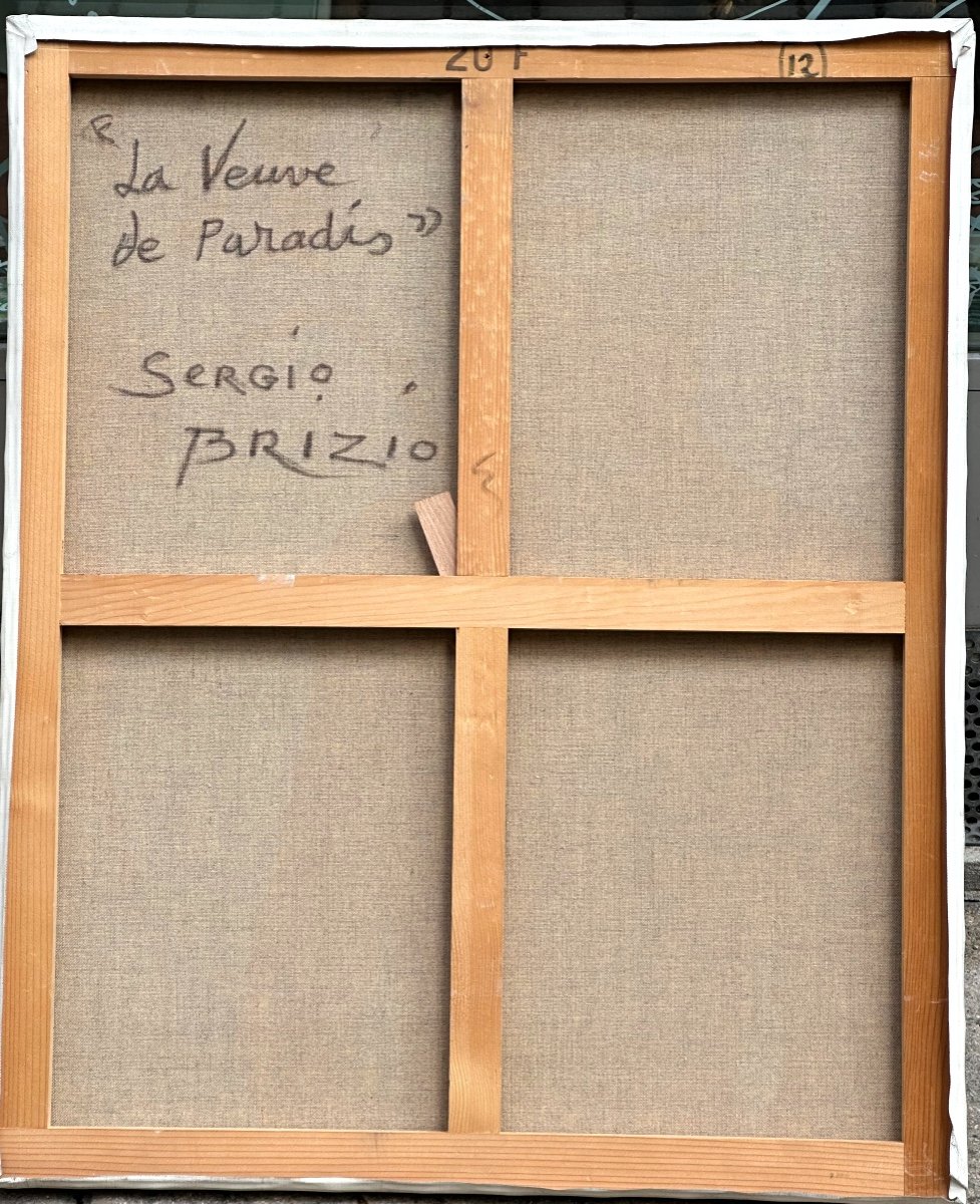 Sergio BRIZIO 1928-1997 Grande huile symboliste jeune femme nue et oiseau de paradis-photo-2