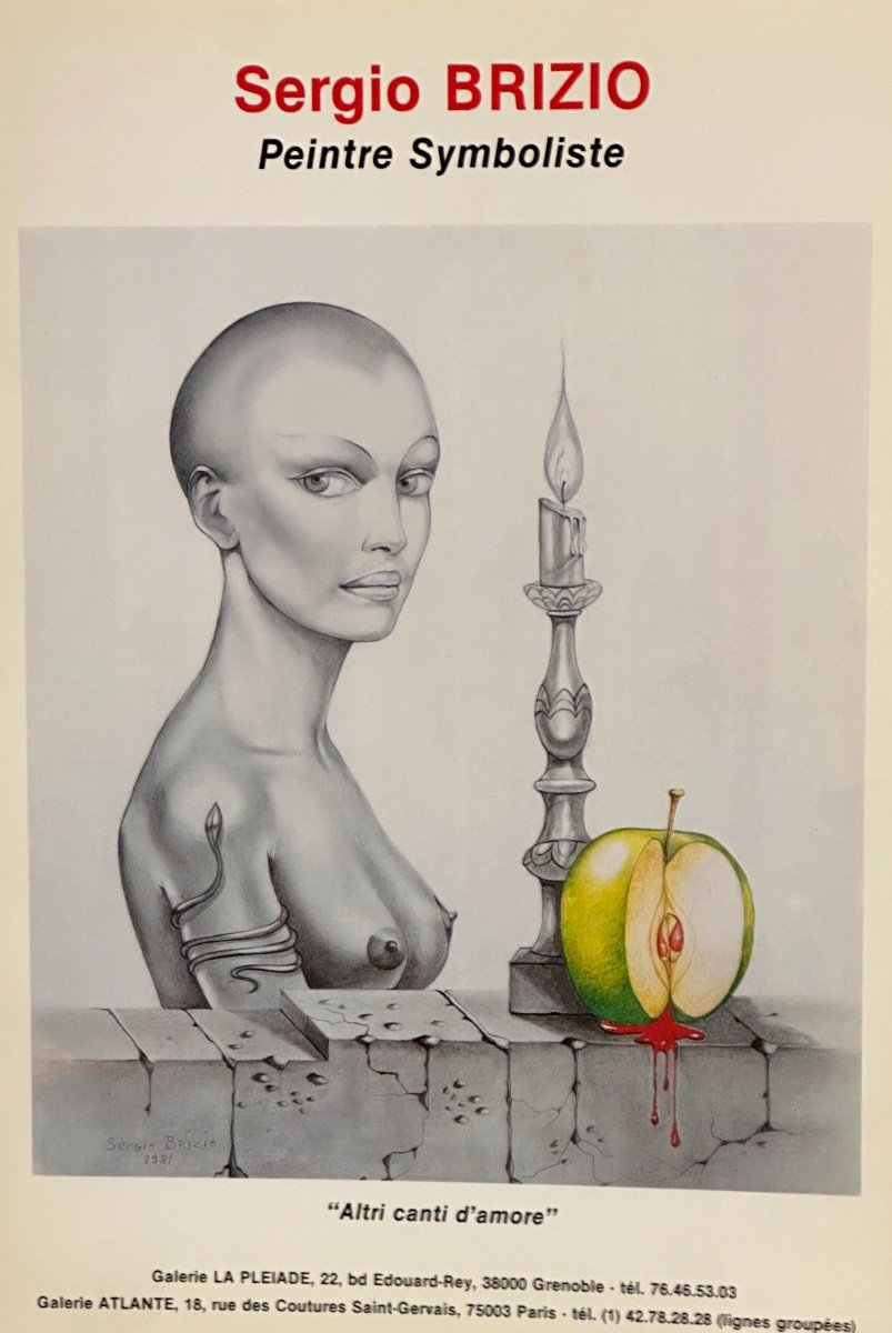 Sergio BRIZIO 1928-1997 Grande huile symboliste jeune femme nue et oiseau de paradis-photo-3