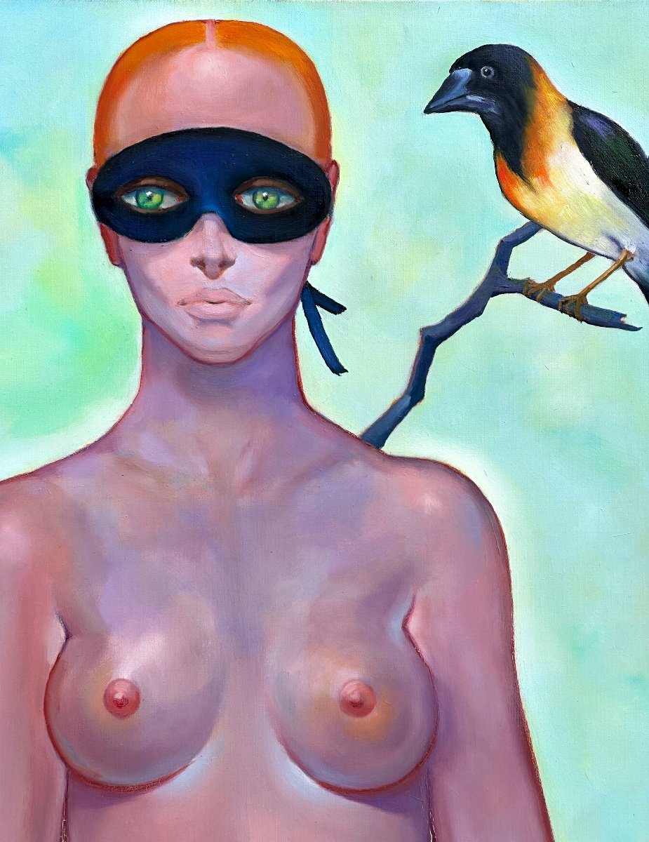 Sergio BRIZIO 1928-1997 Grande huile symboliste jeune femme nue et oiseau de paradis