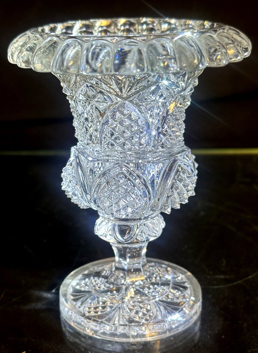 Small 19th Century Baccarat Style Crystal Vase Diamond Point Decor In Very Good Condition -photo-3