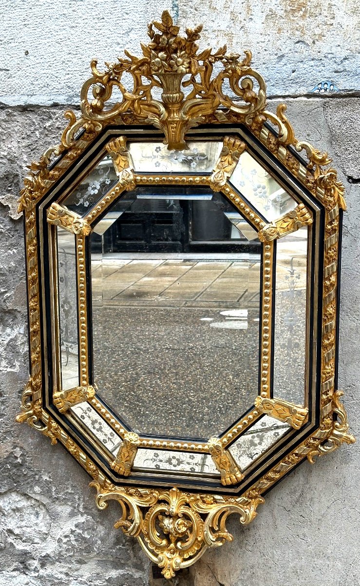 Important Pareclose Mirror 126x83cm 19th Century Octagonal Engraved Glass 