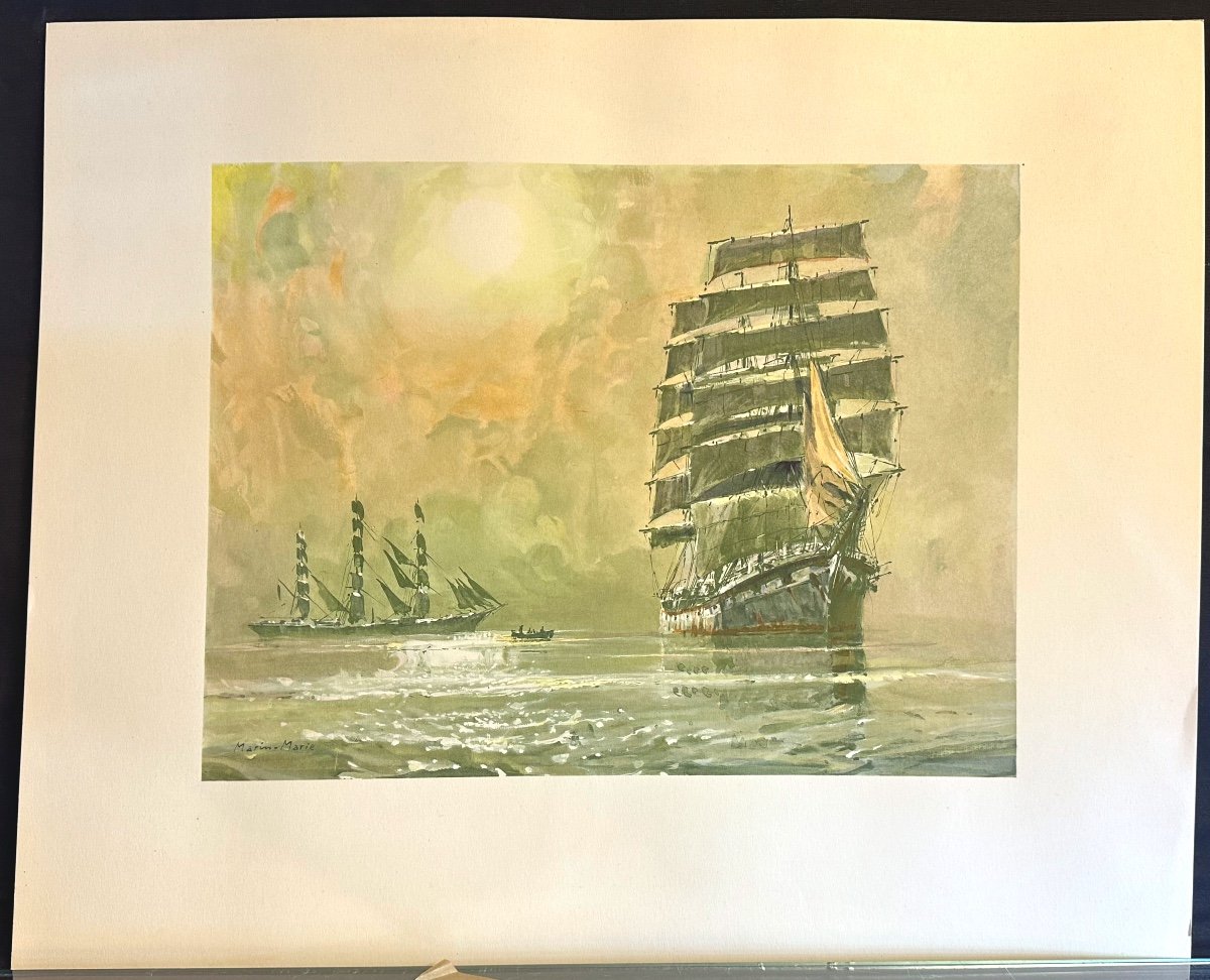 MARIN MARIE 1901-1987 Lithographie couleurs Marine Trois mâts naviguant Marin-Marie navigation-photo-2
