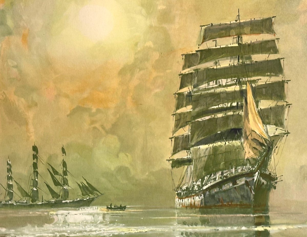 MARIN MARIE 1901-1987 Lithographie couleurs Marine Trois mâts naviguant Marin-Marie navigation
