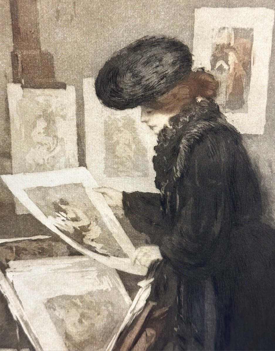 Manuel Robbe 1872-1936 Rare Aquatint Mother And Child In A Print Gallery Manuel-robbe 