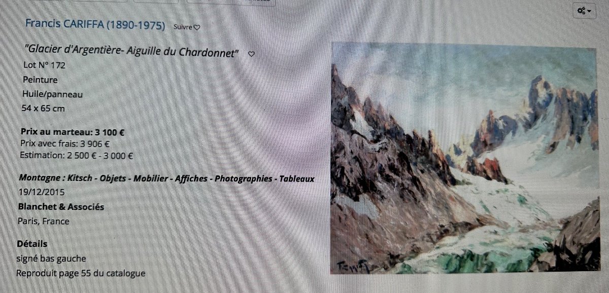 Francis CARIFFA 1890-1975 Le Glacier d’Argentiere Mont Blanc Aiguille du Chardonnet Huile Alpes-photo-4