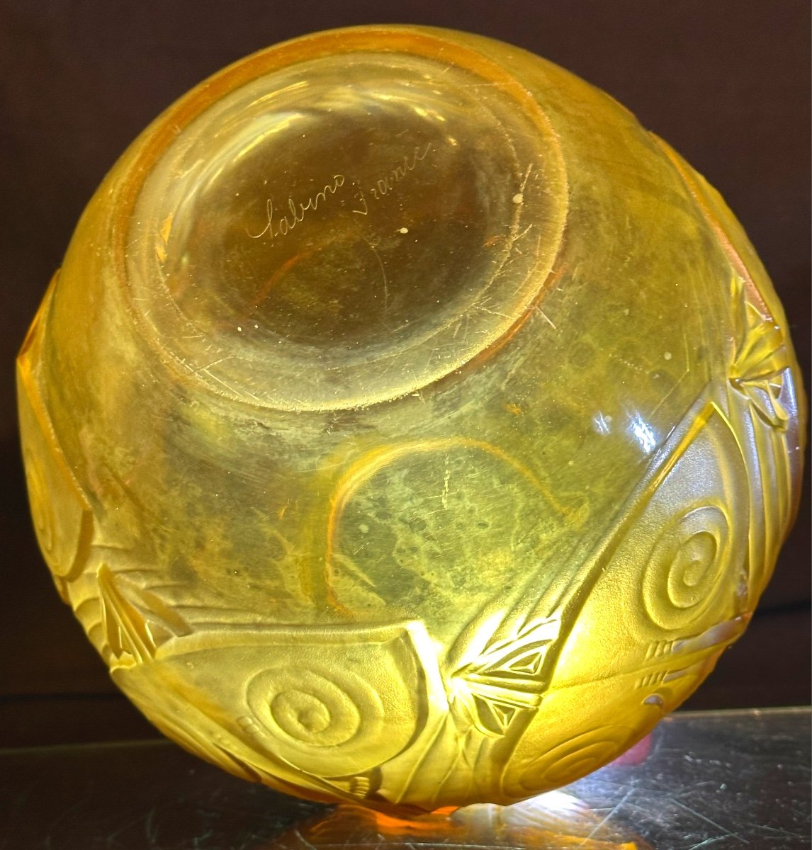 IMPORTANT et RARE vase SABINO Jaune modèle Poissons / Raies 1929 Art Deco Referencé -photo-1