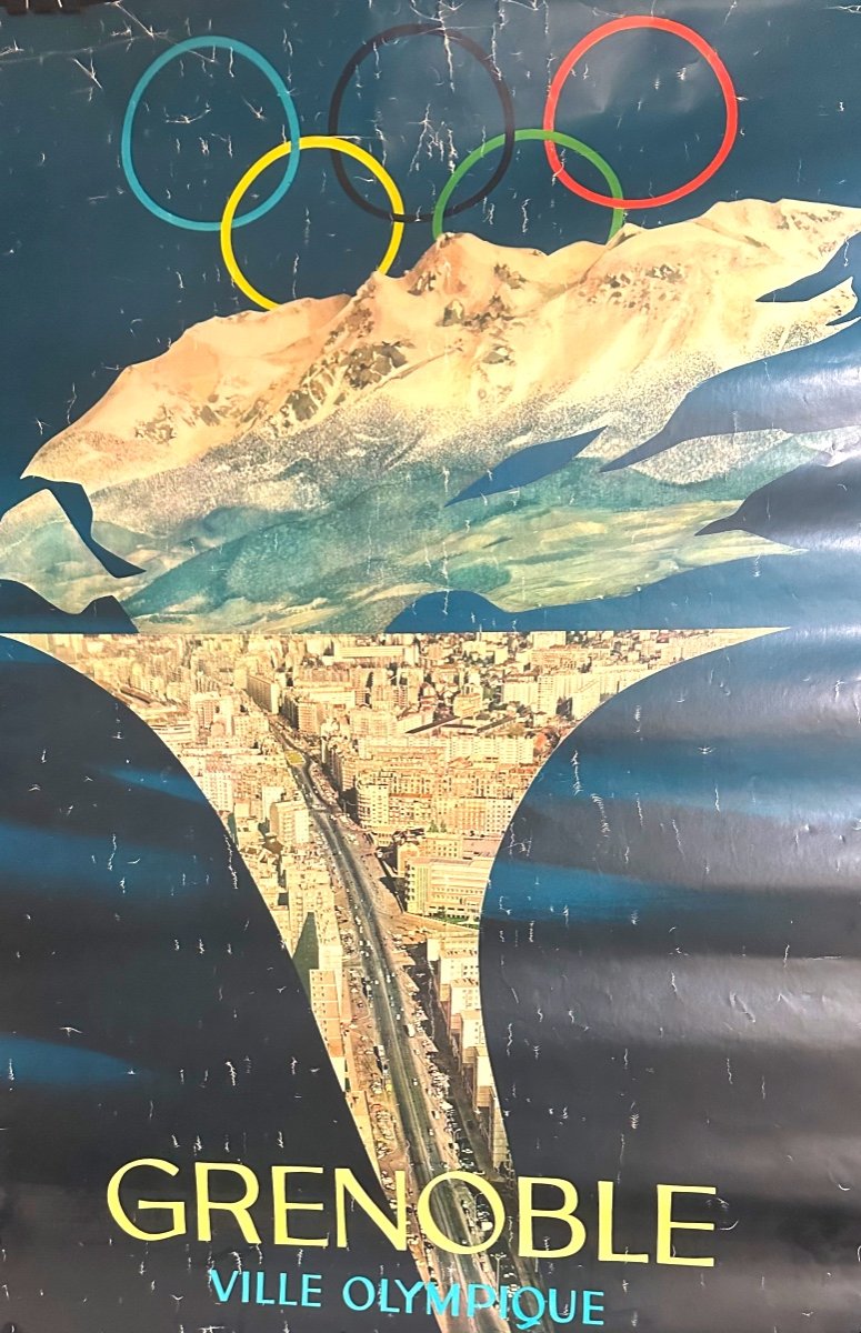 Affiche originale Grenoble 1968 Jeux Olympiques d’Hiver Flamme Ski Alpes Sport