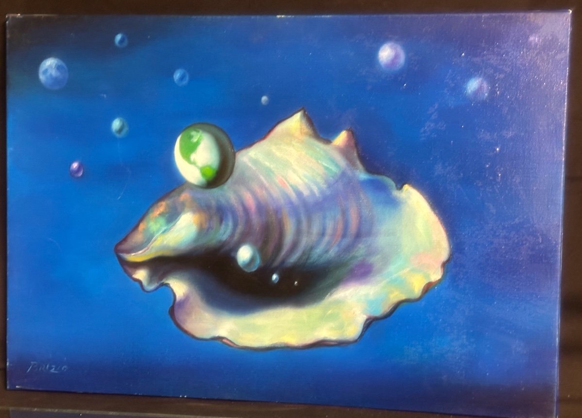 Sergio Brizio 1928-1997 Huile Symboliste Coquillage Celeste 38x55cm Signé-photo-2