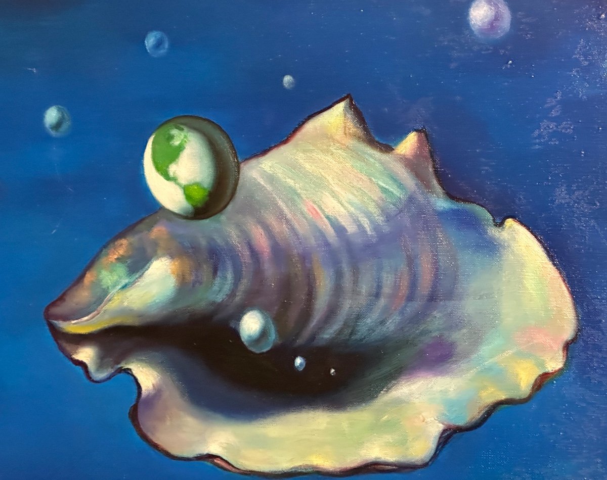 Sergio Brizio 1928-1997 Huile Symboliste Coquillage Celeste 38x55cm Signé