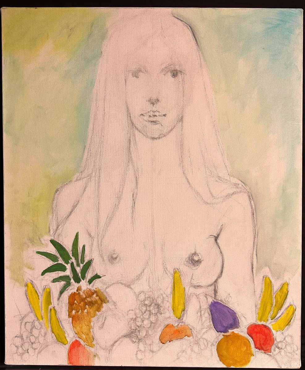 Sergio Brizio 1938-1997 Huile Jeune Femme Aux Fruits Et Seins Nus étude -photo-2